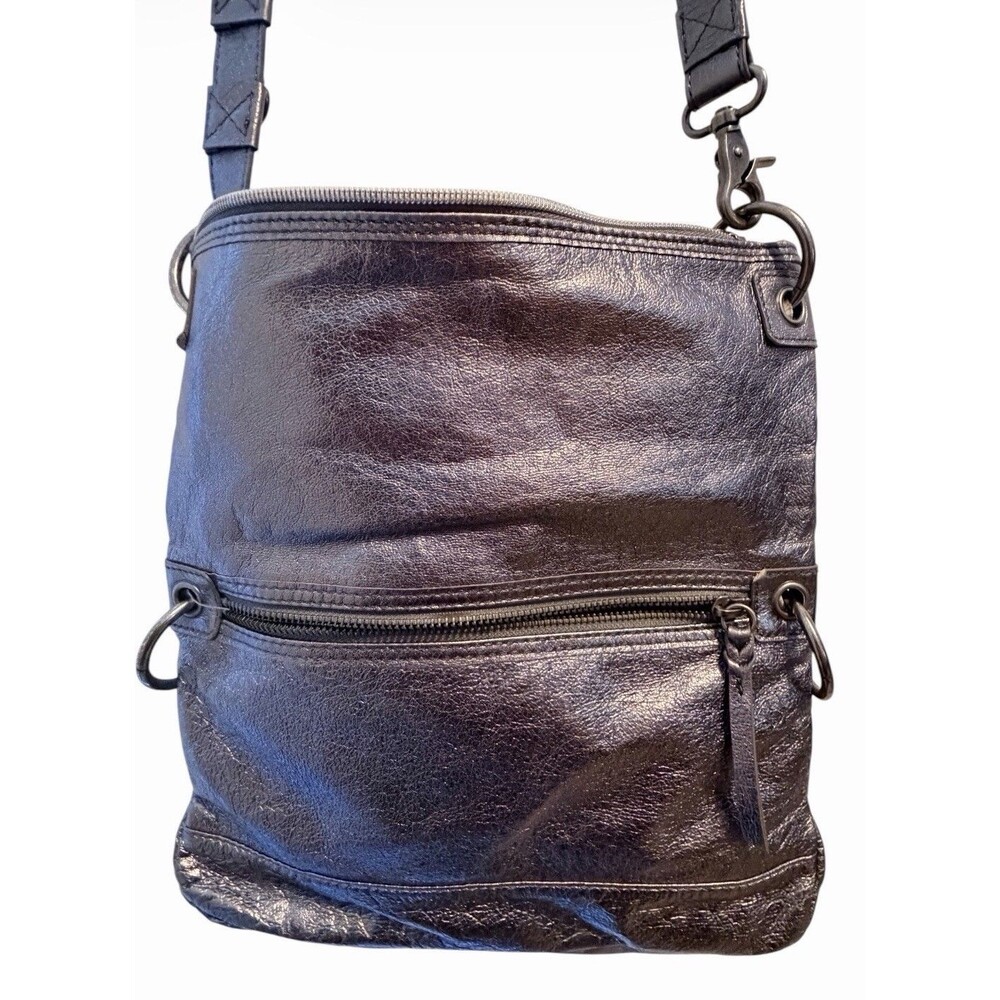 The Sak Women's Black Metallic Leather Crossbody Zip Top Adjustable Strap